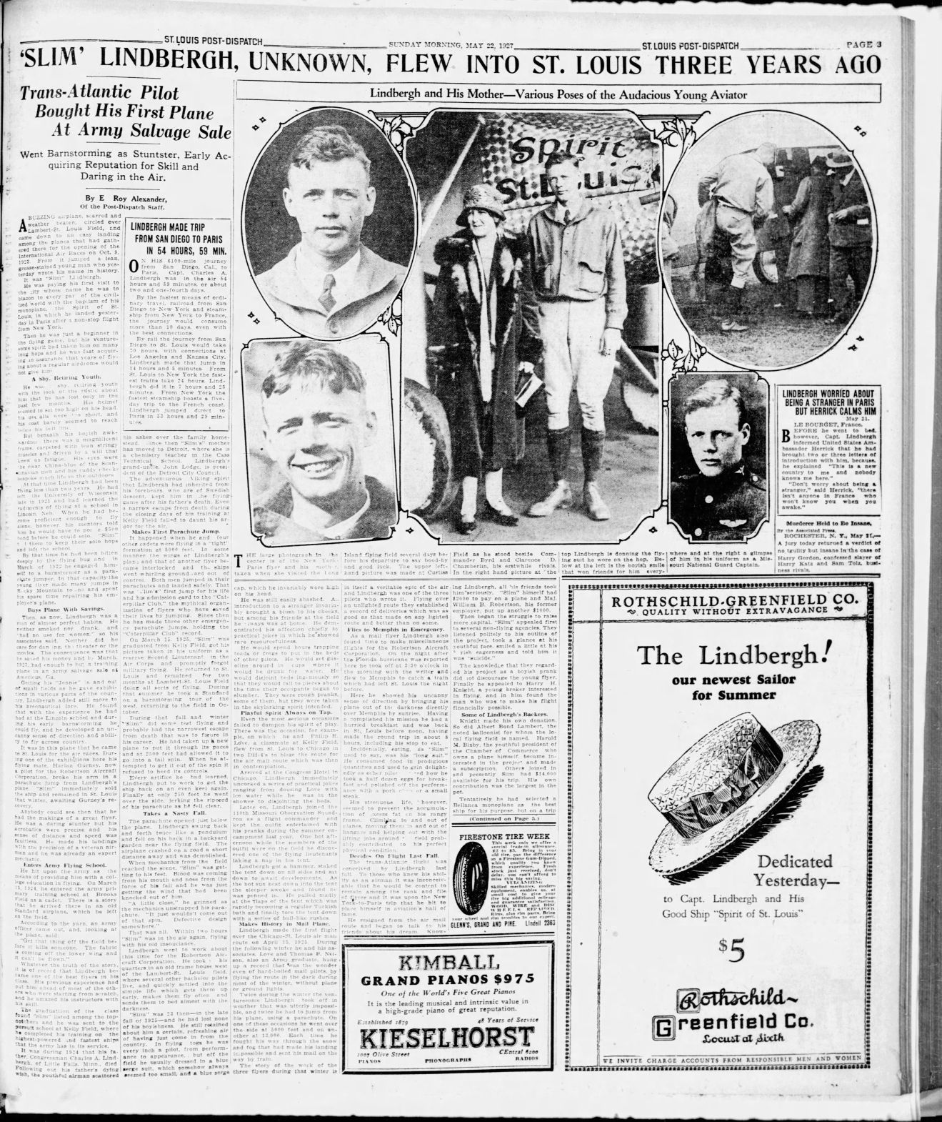May 22, 1927 - Lindberg Made trip from San Diego to Paris in 55 hours